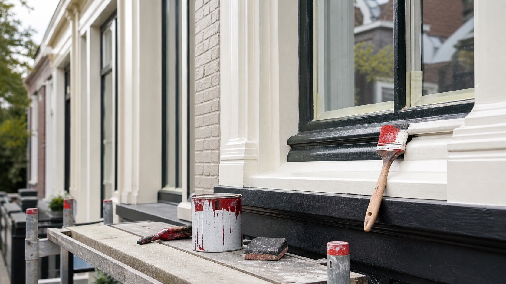 Geschilderd kozijn met schildersgereedschap op een steiger